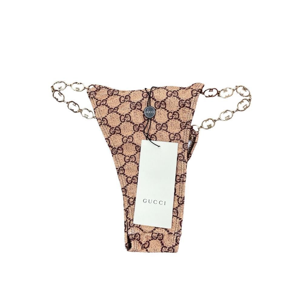 NEW Gucci Brown Beige Gold Tone Chain Monogram Swimwear Bikini Bottom Size S - Picture 9 of 12